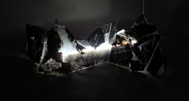 randomroutines_rabble_2013_installation from broken glass pieces covered with lampblack_neon tube_cabels_glue_variable sizes_3